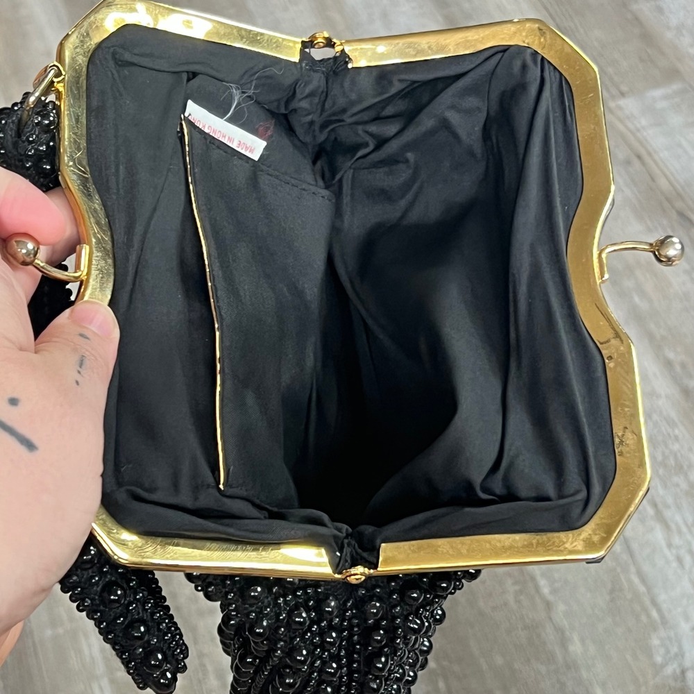Vintage 50's Black Beaded Evening Bag Made in Hong Kong Gold Frame Clasp Purse - Picture 4 of 5